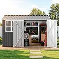 DWVO 10x10ft Large Tool Storage Shed with Window, Lockable Doors, and Sloped Roof, Oversized Steel Outdoor Storage Shed for Garden, Patio, Garage, Backyard, Lawn(Gray + White)