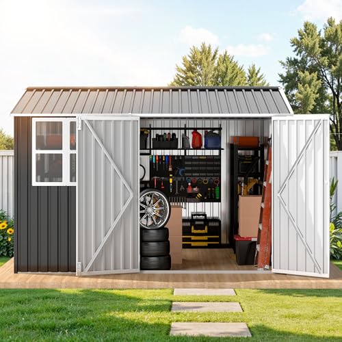 Image of DWVO 10x10ft Large Tool Storage Shed with Window, Lockable Doors, and Sloped Roof, Oversized Steel Outdoor Storage Shed for Garden, Patio, Garage, Backyard, Lawn(Gray + White)