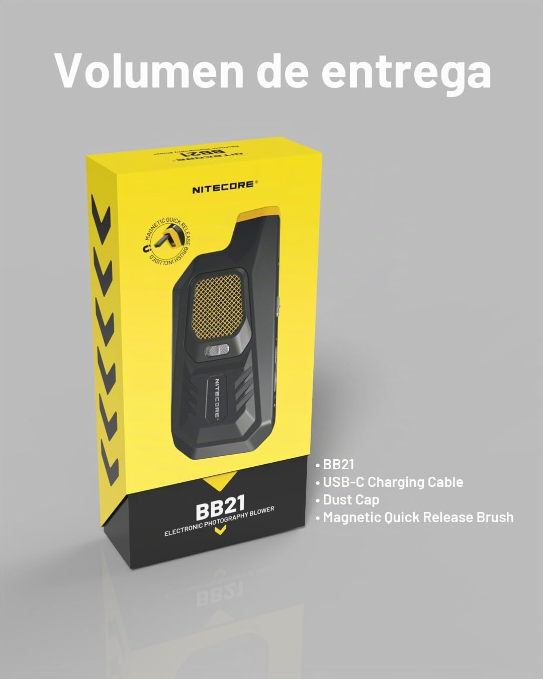 Nitecore Blowerbaby BB21 - Soplador de aire electrónico de limpieza de 2,7 kPa con cepillo de liberación rápida para limpiar lentes de cámara y más