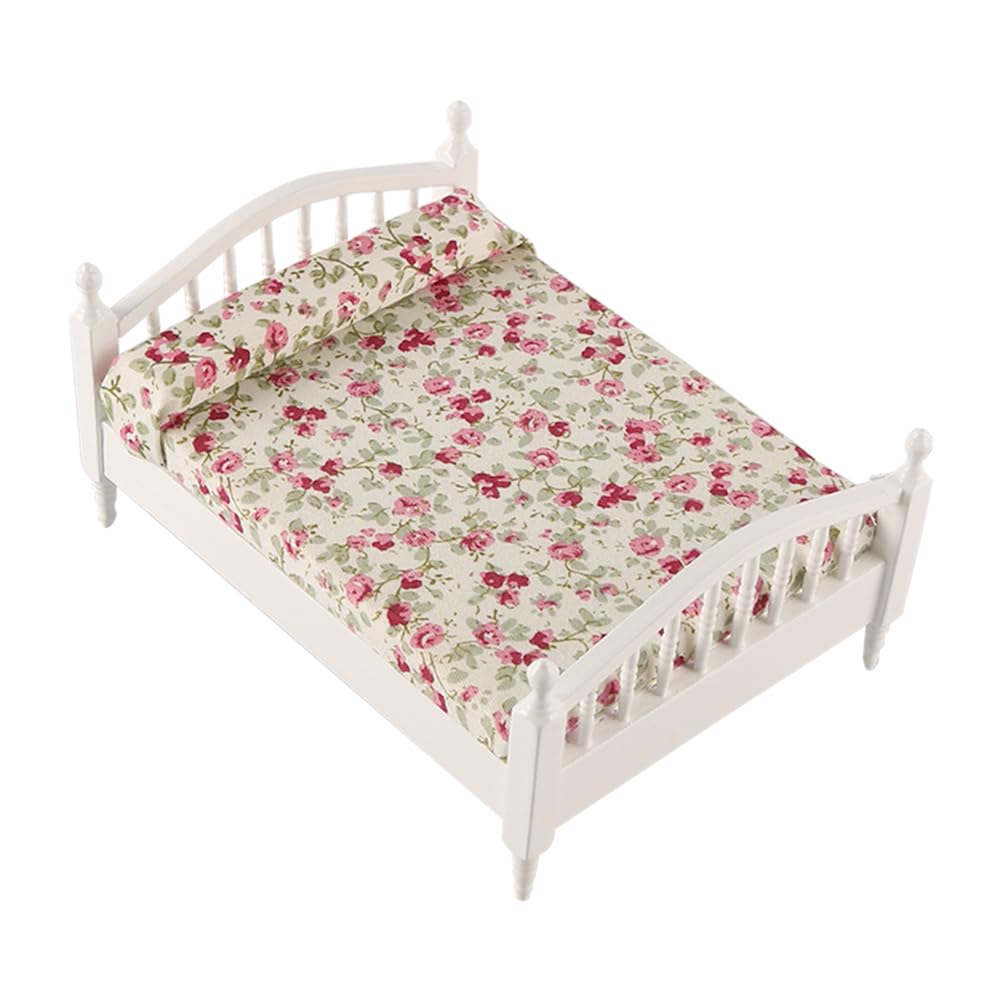FONGKNOX 1/12 Miniature Double Bed Flower Pattern Miniature Dollhouse Double Bed Wooden Furniture for Dolls House Bedroom Decoration - Image 3