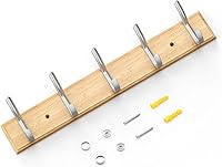 Vista 6 de Percha para perchero, 5 ganchos, resistente, para ropa, sombrero, tablero de bambú, ganchos plateados