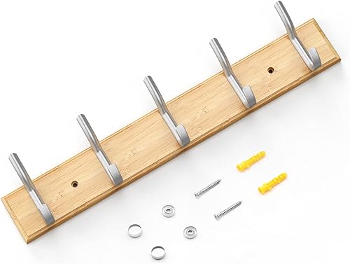 Miniatura 6 de Percha para perchero, 5 ganchos, resistente, para ropa, sombrero, tablero de bambú, ganchos plateados