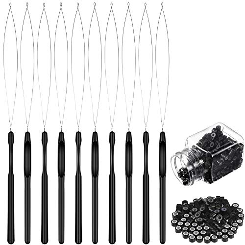 10 Pieces Hair Extensions Loop Kit Pulling Needles Threader Wire Pulling Hook Tool Crochet Needles with 500 Pieces Silicone Lined Micro Rings Hair Styling Tools for Hair and Feather Extensions