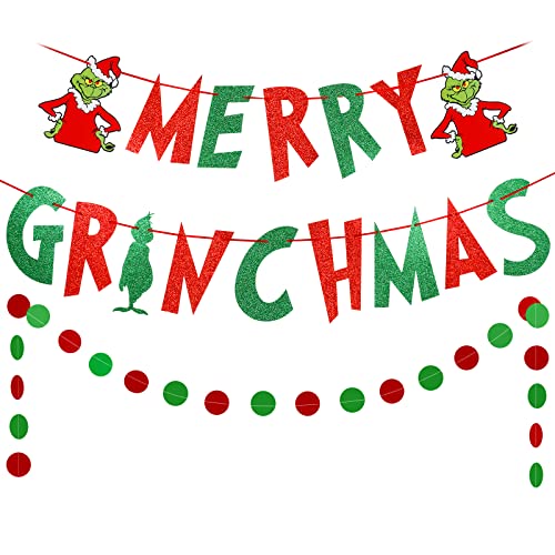 Merry Grinchmas Banner Red & Green Glitter, Grinch Christmas Decoration Supplies, Grinchmas Christmas Decorations, Christmas Holiday Decorations, Grinch Party Decorations for Christmas Home Office Fireplace Mantle
