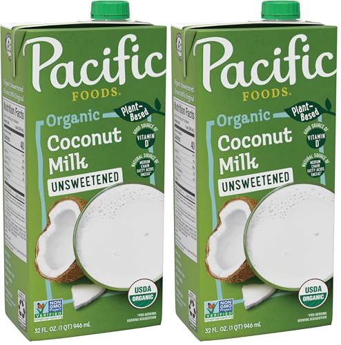 Pacific Foods Organic Unsweetened Coconut Milk, Plant Based Milk, 32 oz Carton (Pack of 2)