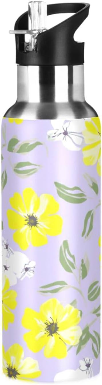 White Yellow Flowers Violet Stainless Steel Water Bottle 32 Oz Leakproof Water Bottles, BPA-Free Sports Water Bottle with Straw