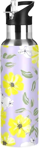 White Yellow Flowers Violet Stainless Steel Water Bottle 32 Oz Leakproof Water Bottles, BPA-Free Sports Water Bottle with Straw