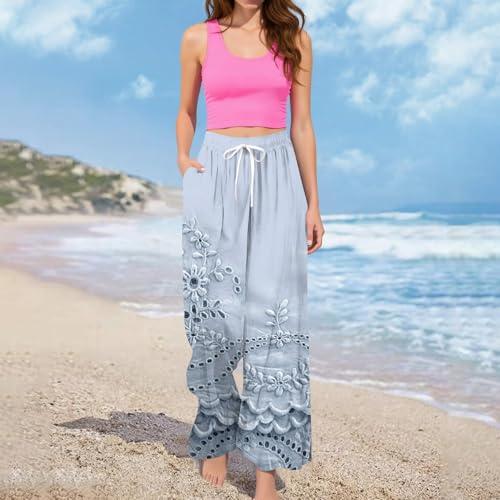 Summer Pants for Women 2025 Retro Print Elastic High Waist Drawstring Pockets Palazzo Trousers Flowy Beach Wide Leg Pants4