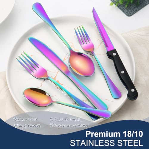 Image of 24-Piece Rainbow Silverware Set with Steak Knives Black Stainless Steel Flatware Set for 4 Food Grade Tableware Cutlery Set Rust-proof, Mirror Polished, Dishwasher Safe