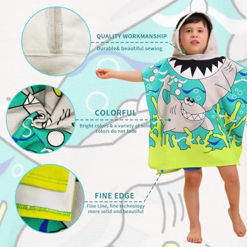 Image of TONY STARK Poncho Towel for Kids, Beach Towel with Hoodie, 60x60cm Travel Towel for 1-7 Years Girls and Boys, Soft Microfiber Sleeved Poncho (Jawsome Shark)