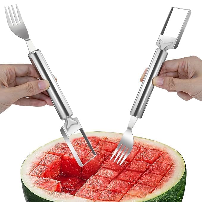 Image of Stainless Steel Julienne Vegetable Peeler Multi-Functional Fruit & Veggie Shredder Slicer and Grater for Potatoes, Carrots, Cucumbers (2 in 1 Watermelon Slicer & Fork)