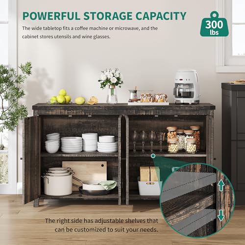 YITAHOME Farmhouse Sideboard Buffet Cabinet with Storage with 4 Doors, 55'' Large Kitchen Storage Cabinet, Wood Coffee Bar Cabinet with Adjustable Shelf for Kitchen, Living Room, Dark Oak - Image 4