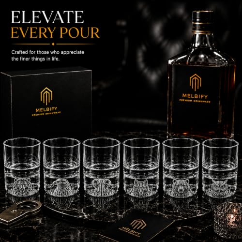Image of Melbify Plain Animal Whiskey Glass Set | 300 ml | 6 Pc | Whisky Glass with Lion, Eagle, Elephant, Wolf, Bear & Owl Base Design | Heavy Bottom Drinking Glasses | Premium Gift Box