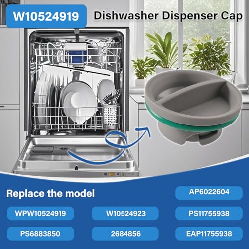 Image of Upgraded WPW10524919 Dishwasher Rinse Aid Cap Replacement Compatible with Whirlpool Amana Ikea WDP350PAAW5 KDTE104DSS0. W10524919 Dispenser Cap Replace W10524923 Dishwasher Rinse Aid Dispenser Cap
