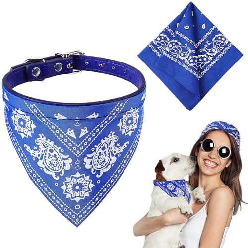Image of Chicingyou Cat Dog Bandana Collar & Owner Matching Paisley Pattern Bandana Women Headband Square Scarf Headwear Puppy Scarf for Small Dog Adjustable Cat Collar Triangle Neckerchief Handkerchief(Blue)