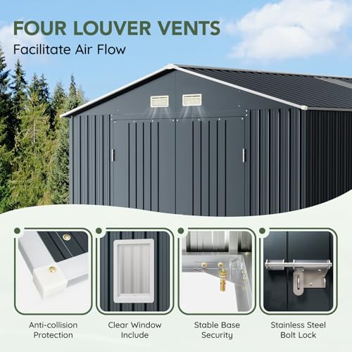 Image of 10x12 FT Outdoor Metal Storage Shed, Double Swing Doors, 2 Clear Windows, Replaceable Skylight Roof Panel, Tool Shed for Garden, Patio, Backyard