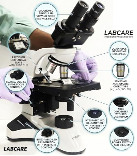 Image of LABCARE 1000X Coaxial Binocular Microscope, 4X, 10X, 40X, 100X Oil Immersion Objectives, 45 Inclined Tube, 360 Rotatable, Battery Backup (LB-WEX-10)