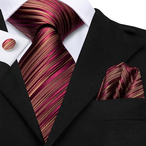 Image of Hi-Tie Silk Ties for Men Plaid Paisley Striped Necktie Pocket Square Cufflinks Set Formal Business