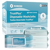 SUNKISS Trustplus Feuchttücher für Erwachsene, Extra Dick 20x30 cm Körperreinigungstücher mit Aloe für ältere Inkontinenz & Reinigung, Parfüm, 200 Stück (4 Packungen mit 50)
