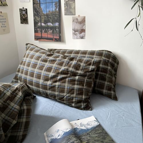 Image of Plaid Duvet Cover Set Queen Size 3 Piece Blue Brown Buffalo Plaid Comforter Cover Vintage Grid Checkered Pattern Soft Breathable Microfiber Bedding Set with Zipper Closure and 2 Pillowcases