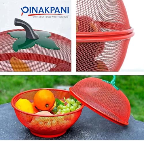 Image of Fruits Bowl Basket Apple Shape Mesh with lid Tabletop Vegetable Holder Keep Unwanted Pets & Insects Out Kitchen Dishwashing Drain Basket (Red)