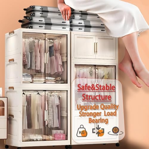 Image of Plastic Wardrobe for Cloths | 4 Layer Stackable Almirah with Hanging Rod, Transparent Doors, Wheels | Foldable Storage Cabinet Organizer for Clothes /Books /Toys