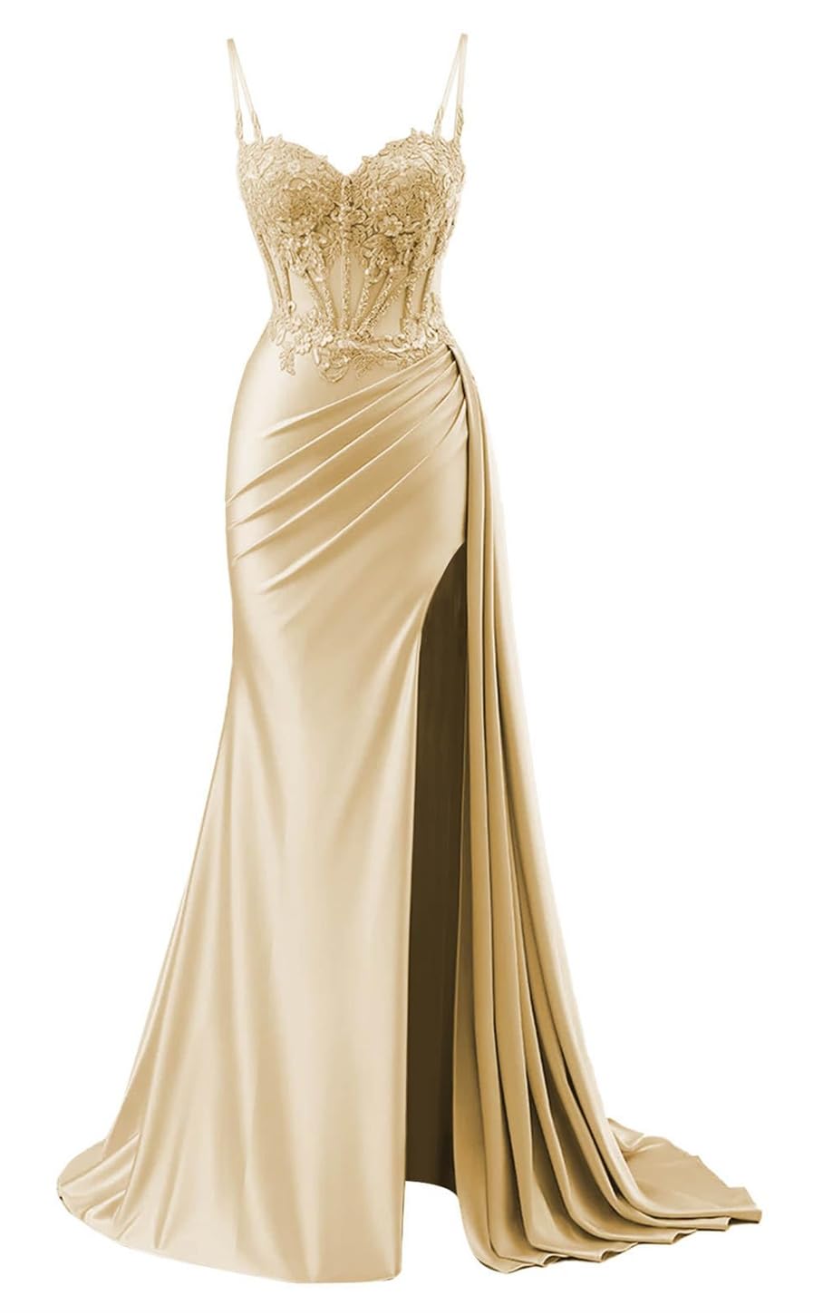 Yiann Women's Champagne Mermaid Prom Dresses With Slit Lace Applique Spaghetti Strap Long Satin Formal Evening Gown Uk14