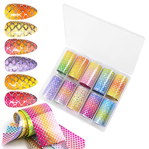 SILPECWEE 10 Sheets Designer Foil Nail Art Mermaid Scale Holography Nail Foils Transfer Stickers Starry Sky Star Nail Wraps Manicure DIY Accessories