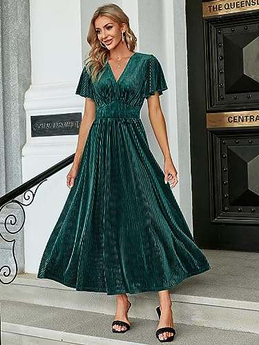 Image of Simplee Women's V Neck Velvet Maxi Dress Short Sleeve Empire Waist Long Formal Dress for Wedding Guest