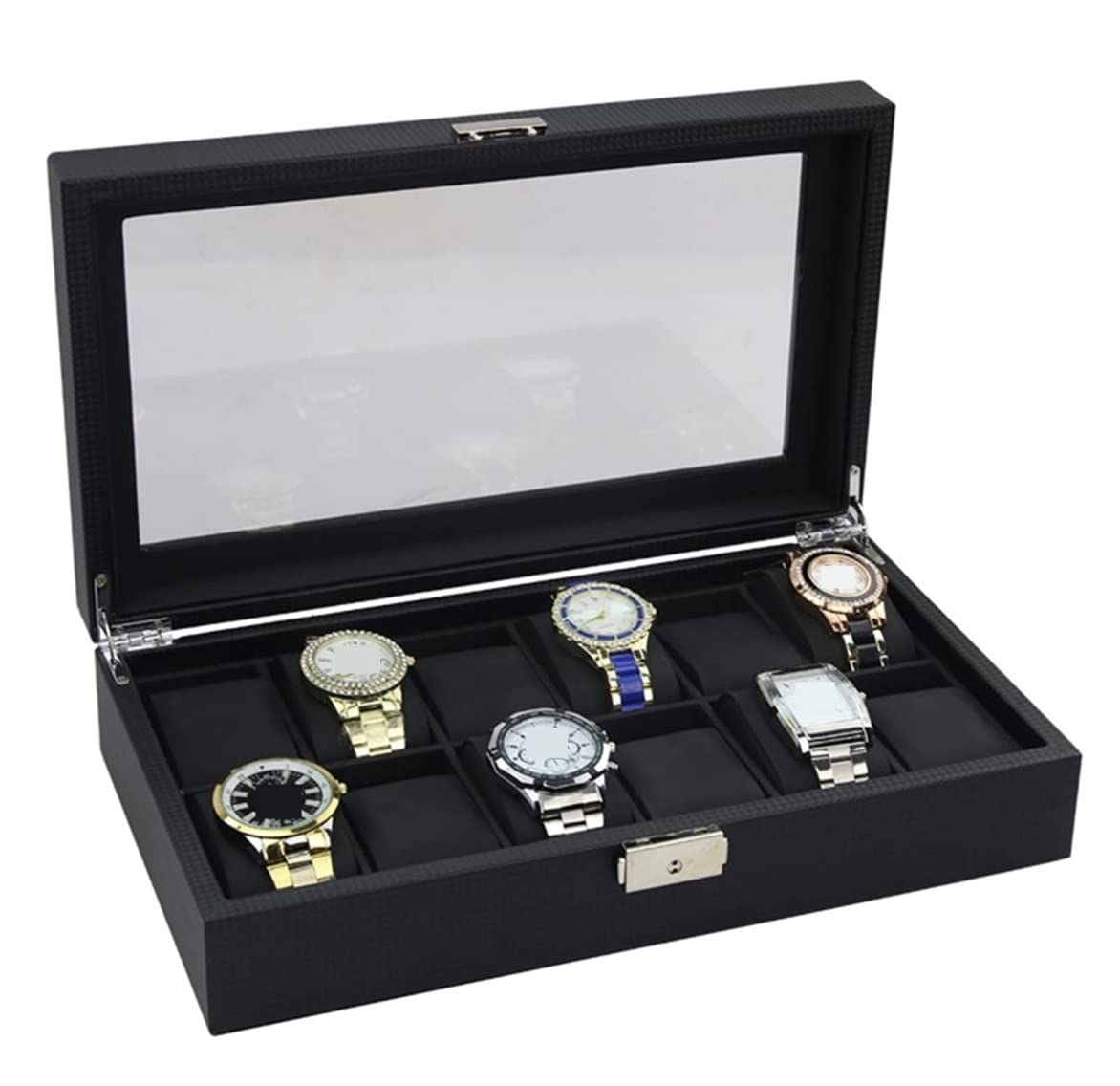 Caja De Reloj Caja De Almacenamiento Para Exhibición De Relojes, Colección De Joyas, 12 Ranuras, Fibra De Carbono, Hebilla De Metal, Caja Organizadora Para Relojes Estuche Para Relojes