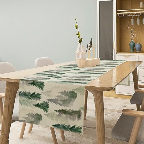 Image of Green Forest Tree Table Runner Watercolor Fantasy Magical Woodland Landscape Nature Botancial for Tabletop Party Holiday 13x90 inch