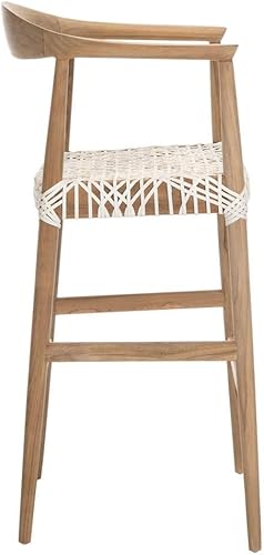 Miniatura 5 de Safavieh Home Bandelier Taburete de bar escandinavo de teca marrón y cuero blanco de 29 pulgadas