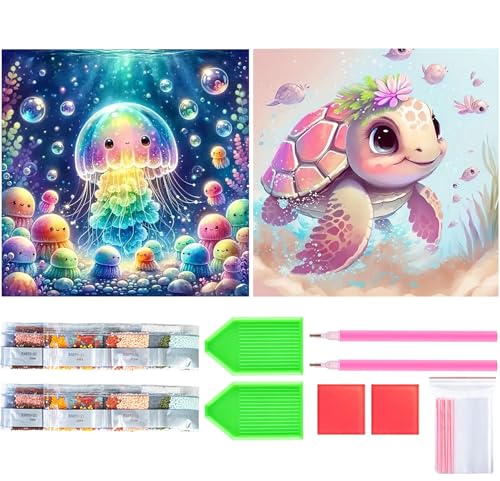 Amyaker ダイヤモンドアート キット 丸いビーズ 全面 2個セット ダイアモンドビーズ絵画キット DIY 手作り絵画 モザイクアート 5D モザイクアート ダイヤモンド塗装 全面貼り付けタイプ 30x30cm カメ クラゲ