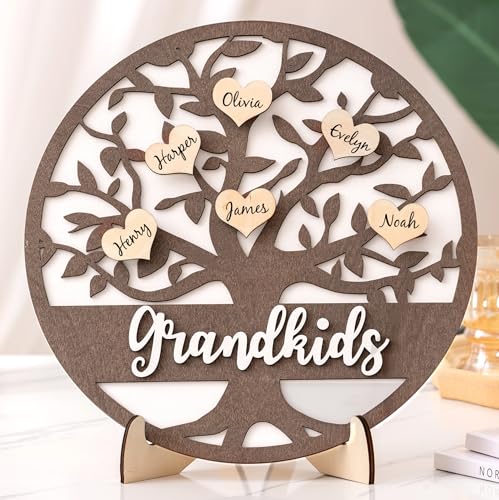 GloxwRiyt Christmas Grandparents Gifts from Grandkids, Personalized 3D Wooden Family Tree with 20 Hearts, Custom Birthday Gifts for Great Grandma Grandpa from Grandchildren (Dark Brown)