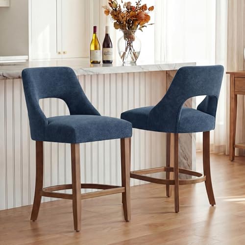 Image of UVV Bar Stools Set of 2, Upholstered Counter Height Bar Stools, Modern Counter Stools with Wood Legs for Kitchen Island Dining Room Bar, Navy Blue