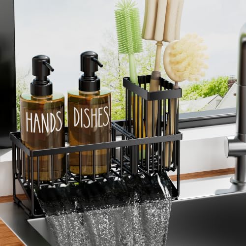 Image of MASADI Kitchen Dish Soap Dispenser Set with Sponge Holder, 12OZ Glass Bottle, Hand and Dish Soap Dispenser Set, Non-Slip Silicone Pad, Brush Holder, Kitchen Sink Organizer Countertop (Black+Amber)