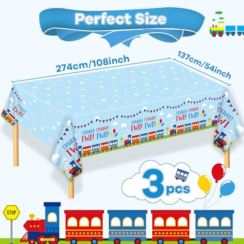 Image of Qyeahkj 3 Pcs Chugga Chugga Two Two Party Decorations Train Birthday Tablecloth 2nd Transportation Themed Plastic Table Cover for Boys Birthday Baby Shower Dinner Supplies