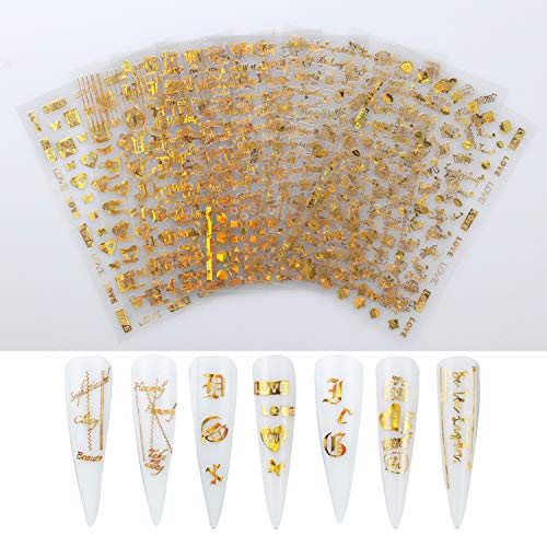 Luxury Nail Art Stickers Decals 3D Gold Designer Nail Decals Nail Art Supplies 8 Sheets Nail Stickers Self-Adhesive Designer Nail Stickers Heart Letters Cool Girl Nail Decorations Acrylic Nail Art