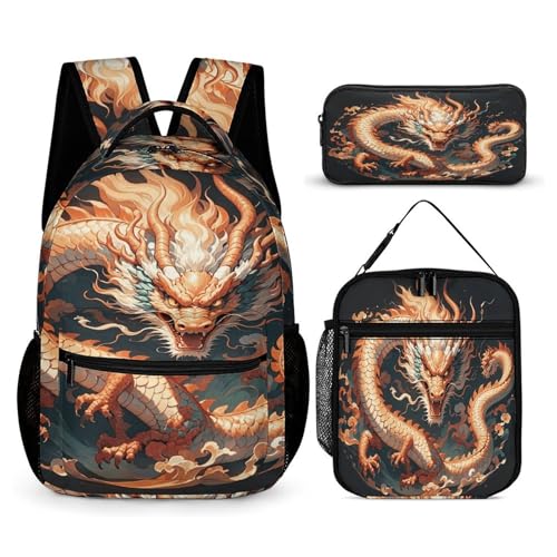 3Pcs Backpack Sets Chinese Dragon Print Travel Daypack 3 in 1 Lightweight Backpack Set with Lunch Bag And Cosmetic Bag