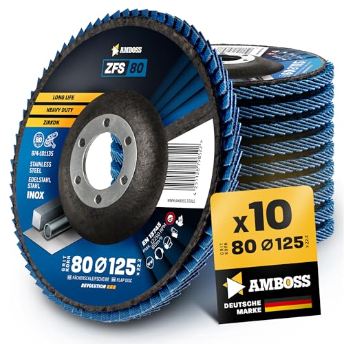 10x Fächerscheibe Ø125mm K80 für Stahl/Edelstahl - Polieren Entroster Kehlnaht schleifen - AMBOSS Werkzeuge ZFS Lamellenschleifscheibe blau Winkelschleifer - Profi Zirkon Schleifmop