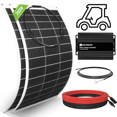 ECO-WORTHY 260W Flexible Solar Panel Kit for Golf Cart,1040wh/day Generation,Charge While Driving,Extend Battery Life,Go Further：2pcs 130W Solar Panel,24V/36V/48V/60V/72V MPPT Boost Charge C