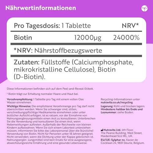Nutravita Biotin Hochdosiert 12000mcg, Haar Vitamine - 400 Vegan Biotin Tabletten für 1+ Jahr Vorat, Vitamin B7 - Haut Haare Nägel (EFSA) - Haarvitamine für Frauen - Hair Vitamins
