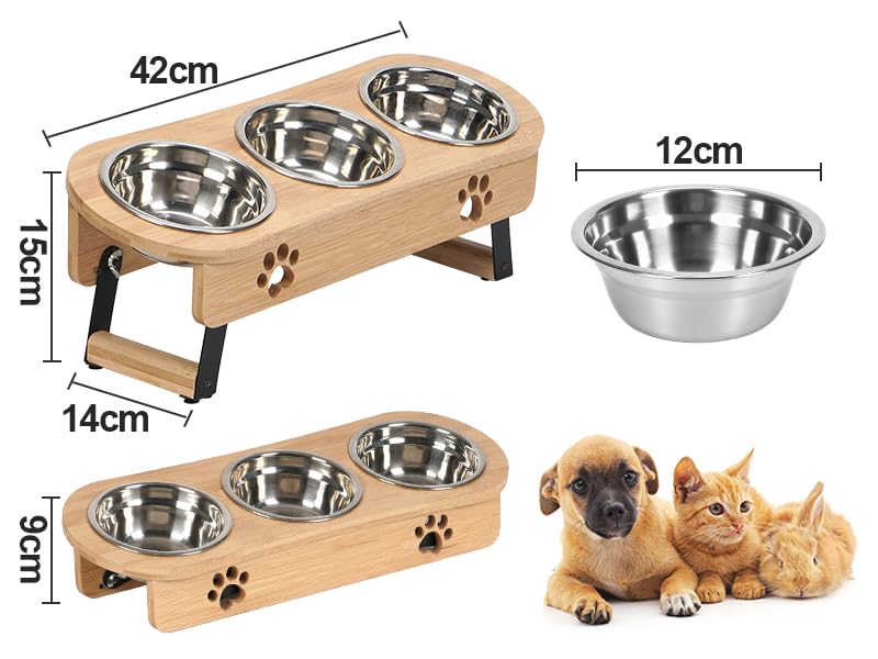 GHIAKQYT Futternapf Katze Erhöht - Futterstation Katzen 3er Set Näpfe Erhöht, Katzennapf Höhenverstellbar, Fressnapf Futterbar mit Ständer Edelstahl Näpfe für Wasser Futter - erhöhter Futternapf Katze