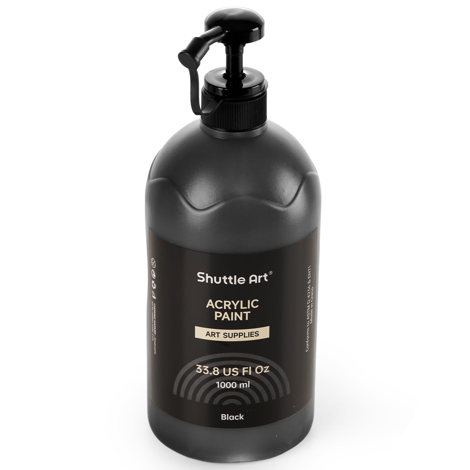 Shuttle Art Black Acrylic Paint, 33.8oz/1000ml Large Capacity Pump Bottle with Cover, High Coverage True Black, Fast Drying Non-Toxic Art Paint for