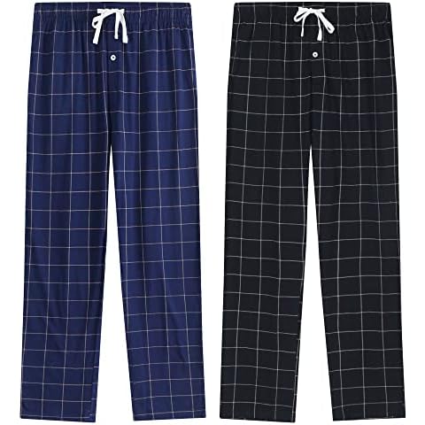 Vulcanodon Mens Cotton Pajama Pants-2Pack, Lightweight Sleep Pants with Pockets Soft Lounge Pajama Pants for Men Plaid Pj Bottoms(Navy-Plaid/Black-Plaid, L) Cover
