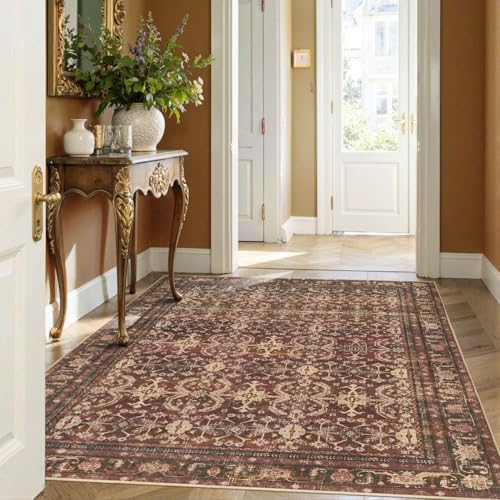 Rugxara Area Rugs for Living Room Bedroom, Washable Christmas Rug, Vintage Oriental Boho Rug, Non Slip & Low Pile Faux Wool Thin Accent Carpet for Indoor Dining Room, Kids Room and Office(Red 4x6ft)