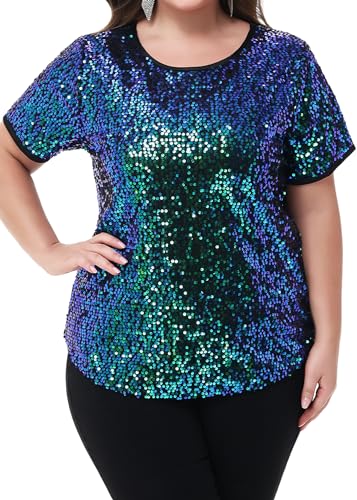 Anna-Kaci Women's Sequin Tops Plus Size Round Neck Sparkle Glitter Short Sleeve Party Tunic Blouse
