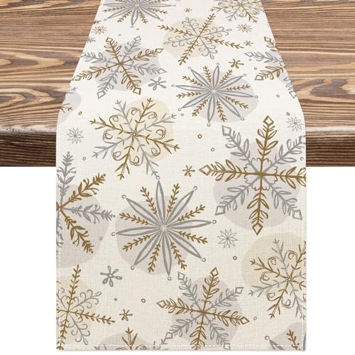Moda y Accesorios, Home AnyDesign - Camino de mesa de invierno de Navidad, color dorado y plateado, copo de nieve, decoración de mesa de comedor para Navidad, invierno, hogar,...