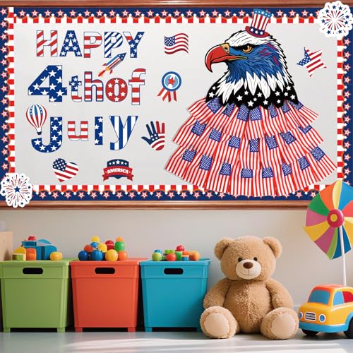 Image of 4th of July Bulletin Board Decorations Set, USA Patriotic Decor with Red White Blue Flags Board Border Paper Firework, Independence Day Cartoon for Memorial Veterans Day Classroom Door Party Supplies