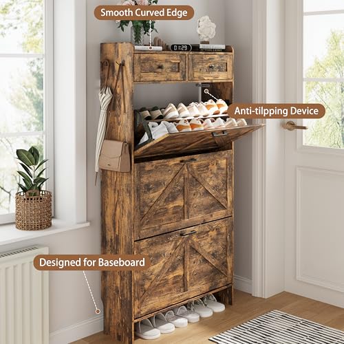 Image of Shoe Cabinet with 3 Flip Drawers & 2 Top Drawers, 57 inch Tall Freestanding Narrow Wooden Shoe Storage Organizer for Entryway, Hidden Slim Shoe Rack for Front Door Entrance, Hallway, Living Room, Brown